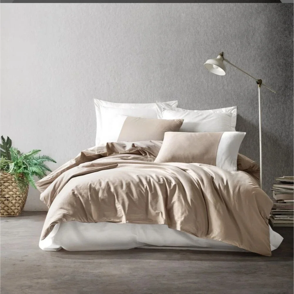 Bahi Tan/Cream 100% Cotton Sateen 4 Piece Duvet Cover Set Full